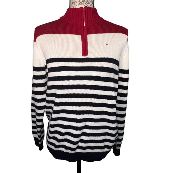 Tommy Hilfiger Sz Lg, half zip striped ribbed knit  nautical holiday Y2K Sweater - Picture 2 of 8